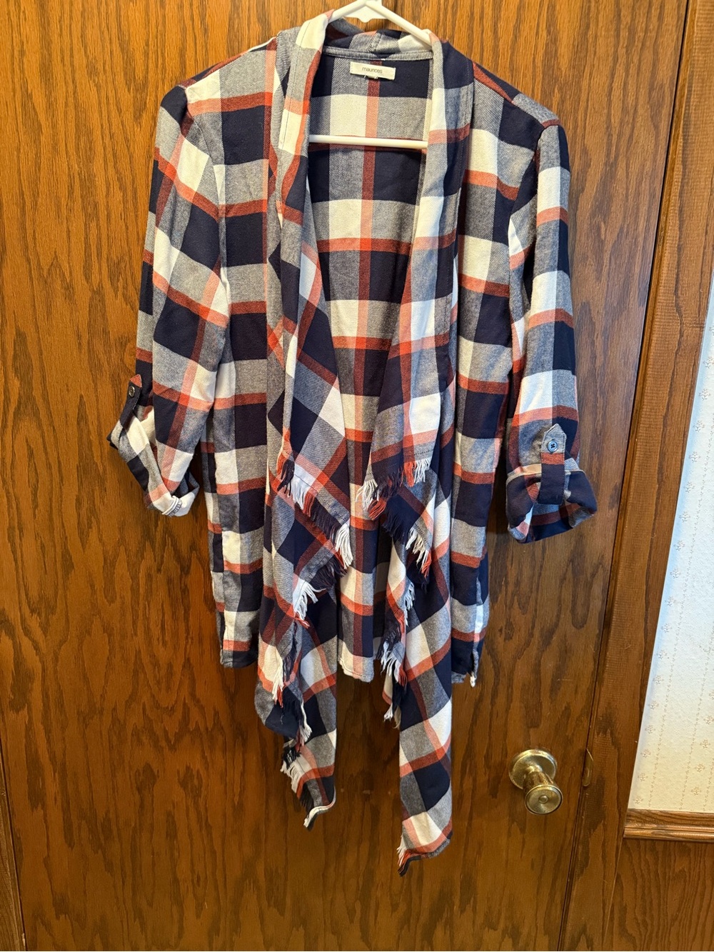 Plaid Fringed Open Front Cardigan - Navy, White & Rust